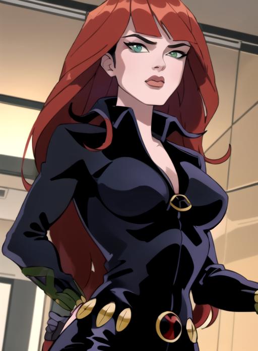A close up of a woman in a black suit with red hair - SeaArt AI