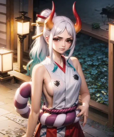 1girl, cowboy shot, beautiful YamatoOP, solo, japanese_clothes, kimono, jewelry, bare_shoulders, earrings, sleeveless, sleeveless_kimono, shimenawa, breasts, looking_at_viewer, rope, sidelocks, bare_arms, v-shaped_eyebrows, sideboob, hakama, closed_mouth, aqua_hair, high_ponytail, two-tone_hair, serious, frown, night,  volumetric lighting, best quality, masterpiece, intricate details, tonemapping, sharp focus, hyper detailed, trending on Artstation,  <lora:YamatoOP:1>