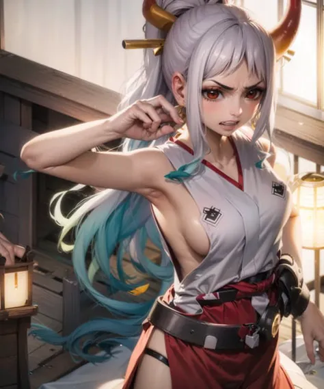 1girl, cowboy shot, beautiful YamatoOP,solo, japanese_clothes, kimono, jewelry, bare_shoulders, earrings, sleeveless, sleeveless_kimono, shimenawa, breasts, sidelocks, bare_arms, v-shaped_eyebrows, sideboob, high_ponytail, red_eyes, upper_body, collarbone, armpits, angry, clenched_teeth, teeth, no_bra, pulled_by_self, volumetric lighting, best quality, masterpiece, intricate details, tonemapping, sharp focus, hyper detailed, trending on Artstation, <lora:YamatoOP:1>