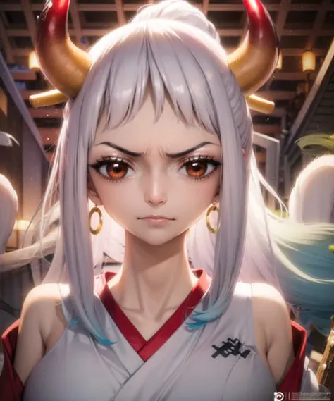 1girl, portrait of beautiful YamatoOP, large breasts ,solo, japanese_clothes, earrings, looking_at_viewer, v-shaped_eyebrows, closed_mouth, serious, frown, >:\(, volumetric lighting, best quality, masterpiece, intricate details, tonemapping, sharp focus, hyper detailed, trending on Artstation, <lora:YamatoOP:1>