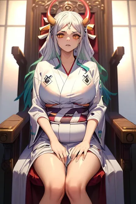((masterpiece:1.4)), ((best quality:1.4)), 1girl, (((Orange eyes))), aqua_hair, two-tone_hair, ((large_size_breasts)), (Facial Expression: Angry:1), ((Sitting on throne in nice mansion:1.4)), ((Looking_at_viewer: 1.5)), ((((YamatoOP)))), ((SFW)), ((((Clothes: White Kimono)))), ((highly detailed, expressive detailed eyes, wide eyed, detailed pupils)), Large Horns
<lora:YamatoOP:0.85>