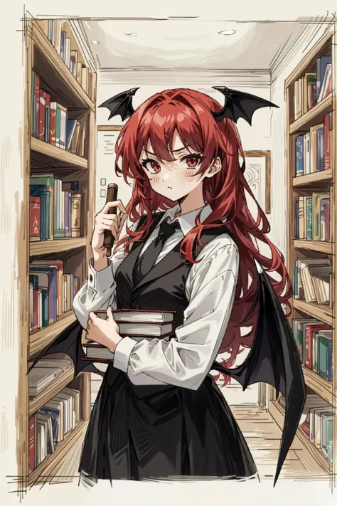 koakuma, solo, looking at viewer, serious, holding book, bookshelf
<lora:koakuma_lora:1>