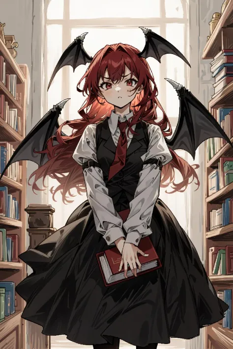 koakuma, solo, looking at viewer, serious, holding book, bookshelf
<lora:koakuma_lora:1>