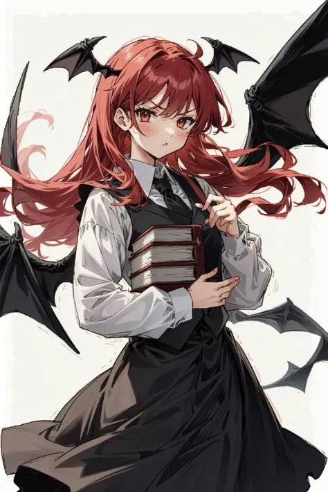 koakuma, solo, looking at viewer, serious, holding book
 <lora:koakuma_lora:1>