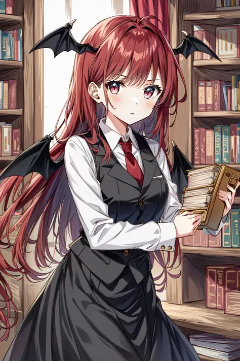 koakuma, solo, looking at viewer, serious, holding book, bookshelf
<lora:koakuma_lora:1>