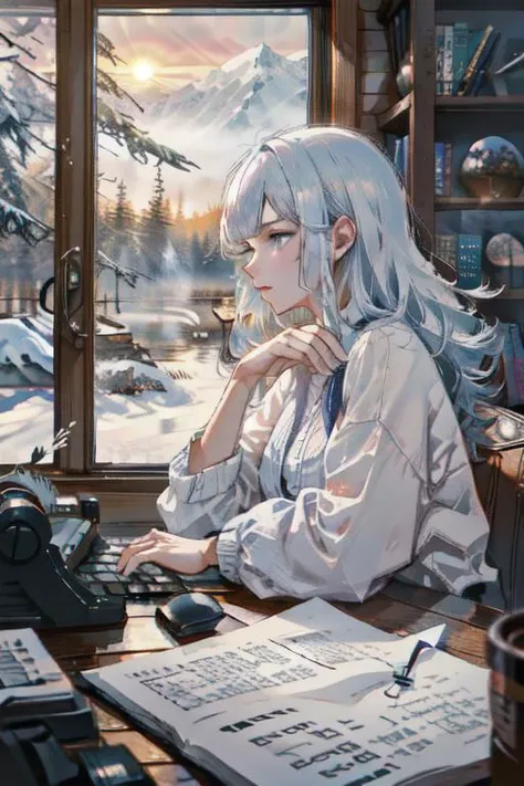 from behind close up, side profile half portrait, sophisticated, typewriter on table, beautiful|attractive sitting 1girl with long white hair, typing novelist, open window, snowy cabin interior, bookshelf, sunrise, calming, cool peaceful vibes, masterpiece, ultra-detailed, absurdres