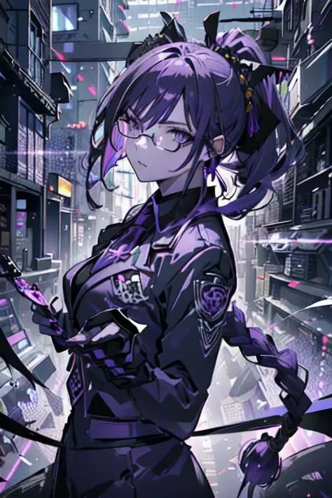 (masterpiece, best quality, perfect face, perfect eyes, detailed face, snake eyes:1.3), woman, snake lady, purple hair, neat hair, ponytail, purple gray eyes, (business suit, black suit, light purple shirt:1.2), purple tie, menacing, glasses, black gloves, (single earring, tassel earring, single tassel, purple tassel:1.2), office, windows, nightscape, night, city lights, skyscrapers, tilted head,