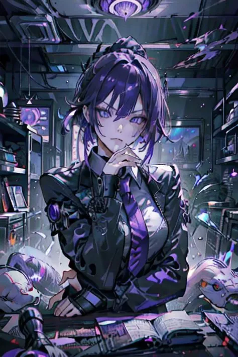 (masterpiece, best quality, perfect face, perfect eyes, detailed face, snake eyes:1.3), woman, snake lady, purple hair, neat hair, ponytail, purple gray eyes, (business suit, black suit, light purple shirt:1.2), purple tie, menacing, glasses, black gloves, (single earring, tassel earring, single tassel, purple tassel:1.2), office, windows, nightscape, night, city lights, skyscrapers, tilted head,