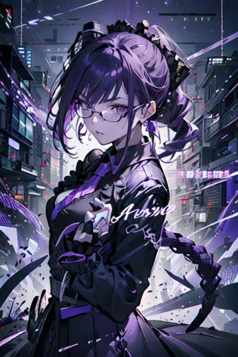 (masterpiece, best quality, perfect face, perfect eyes, detailed face, snake eyes:1.3), woman, snake lady, purple hair, neat hair, ponytail, purple gray eyes, (business suit, black suit, light purple shirt:1.2), purple tie, menacing, glasses, black gloves, (single earring, tassel earring, single tassel, purple tassel:1.2), office, windows, nightscape, night, city lights, skyscrapers, tilted head,