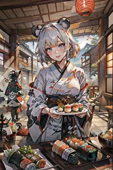 Sushi rolls commercial, sushi platter, food, traditional Japanese atmosphere, cute animal eared 1girl, animal friends, pandas, warm fuzzy vibes