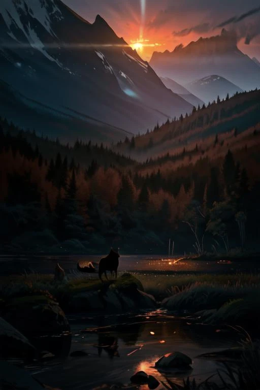 contemporary|natural outdoor scenery, landscape, nature, wilderness, dusk|dawn, gold hour lighting effects, dark, calming, soothing, healing photography, wilderness, wild animals, water, ultra detail, 4k HDR, professional commercial promo shot