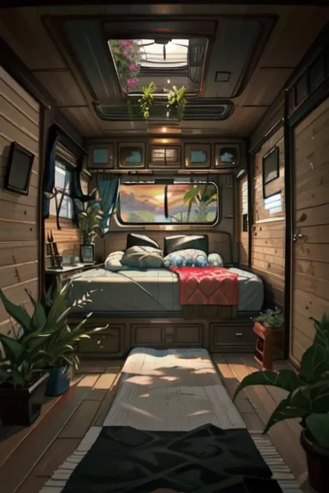 inside a cozy campervan, comfy bed and warm blanket, plants, flowers, decoration, view from the back on quiet beach, sunrise, peaceful, vibrant colors, lineart
