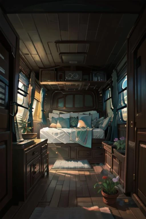 inside a cozy campervan, comfy bed and warm blanket, plants, flowers, decoration, view from the back on quiet beach, sunrise, peaceful, vibrant colors, lineart