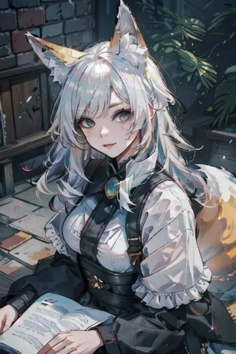 (masterpice, best quality, high quality, highres:1.4), extremely detailed, detailed skin, ambient soft lighting, 4K, 1girl, solo, (upper body, face focus:1.2), sitting on rock, from above,white hair, long hair, fox ears, curled hair, fox tail, fluffy tail,black eyes, black irises, long eyelashes, thick eyelashes, looking at viewer,white shirt, white skirt, belt, ornate clothes, black bowtie, white thighhighs,thick thighs, skindentation,outdoors, jungle, nature, forest, trees, grass, detailed grass, tall grass, plants, flowers, rocks, waterfall, water, pond