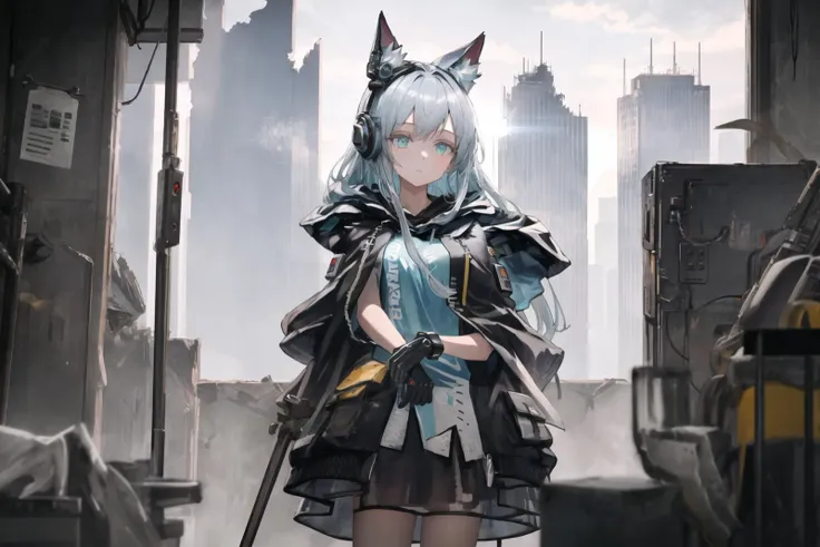 (masterpiece, best quality, excellent quality), ((1girl)), ((sky)), ((city)), (skyscrapers:1.3), cloudy sky, clouds, standing, lens flare, indoors, (large window), (open window), glass wall, terrace, (<lora:Rosmontis(jacket):1>, jacket,small breasts, animal ears), (cowboy shot), (pleated skirt), white shirt, ((metallic equipment)), (abandoned factory), ((ruins)), (cyberpunk), (wires), science fiction, crane \(machine\), (construction site)