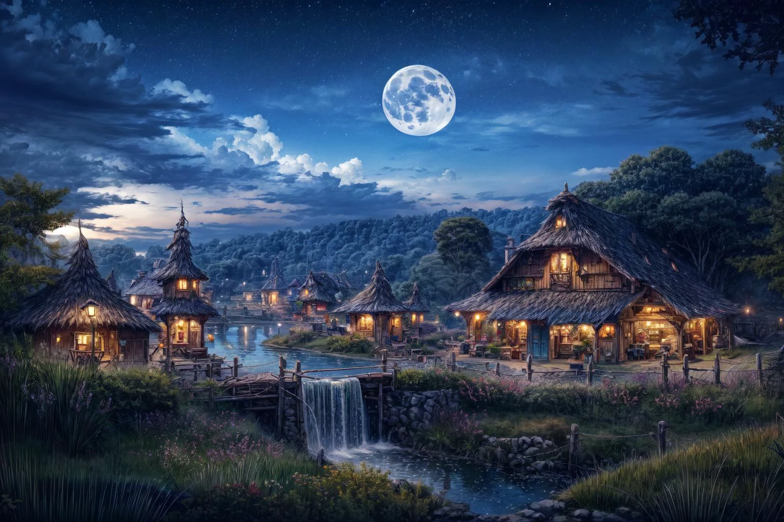 <lora:Wasteland:1>, ((market of an elven village)), forest with a waterfall and a waterfall, plants, grass, vine,
<lora:more_details:0.8>, extremely detailed, CG, finely detail, (masterpiece, best quality):2.0, (intricate details, depth of field),
8k, HDR, ultra detailed, ((photorealistic)), professional light, cinematic lighting, fashion photography, ambient lighting, atmospheric effects,
<lora:Night scene_20230715120543:0.5>, (night):1.2, (starry star, 1moon, one moon, beautiful sky, clear sky),
