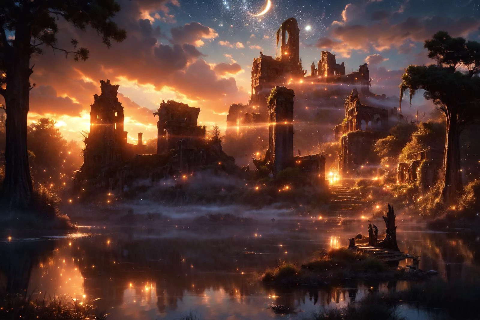 <lora:FantasySwamps:1>, FanSwa, Lively, day:1.15, soft light, fantasy ruins in a dangerous swamp, trees, forest, magical lights, a small and winding path to the ruins,
(masterpiece:1.2), (best quality,:1.2), 8k, HDR, ultra detailed, ((photorealistic)), professional light, cinematic lighting, fashion photography, ambient lighting, fantasy,
<lora:Night scene_20230715120543:0.7>, cozy , starry sky , star , moon ,<lora:magic particles ãã©ãã©ã¨ãã§ã¯ã v1:0.75>, magic particles, magic circle, magic aura,