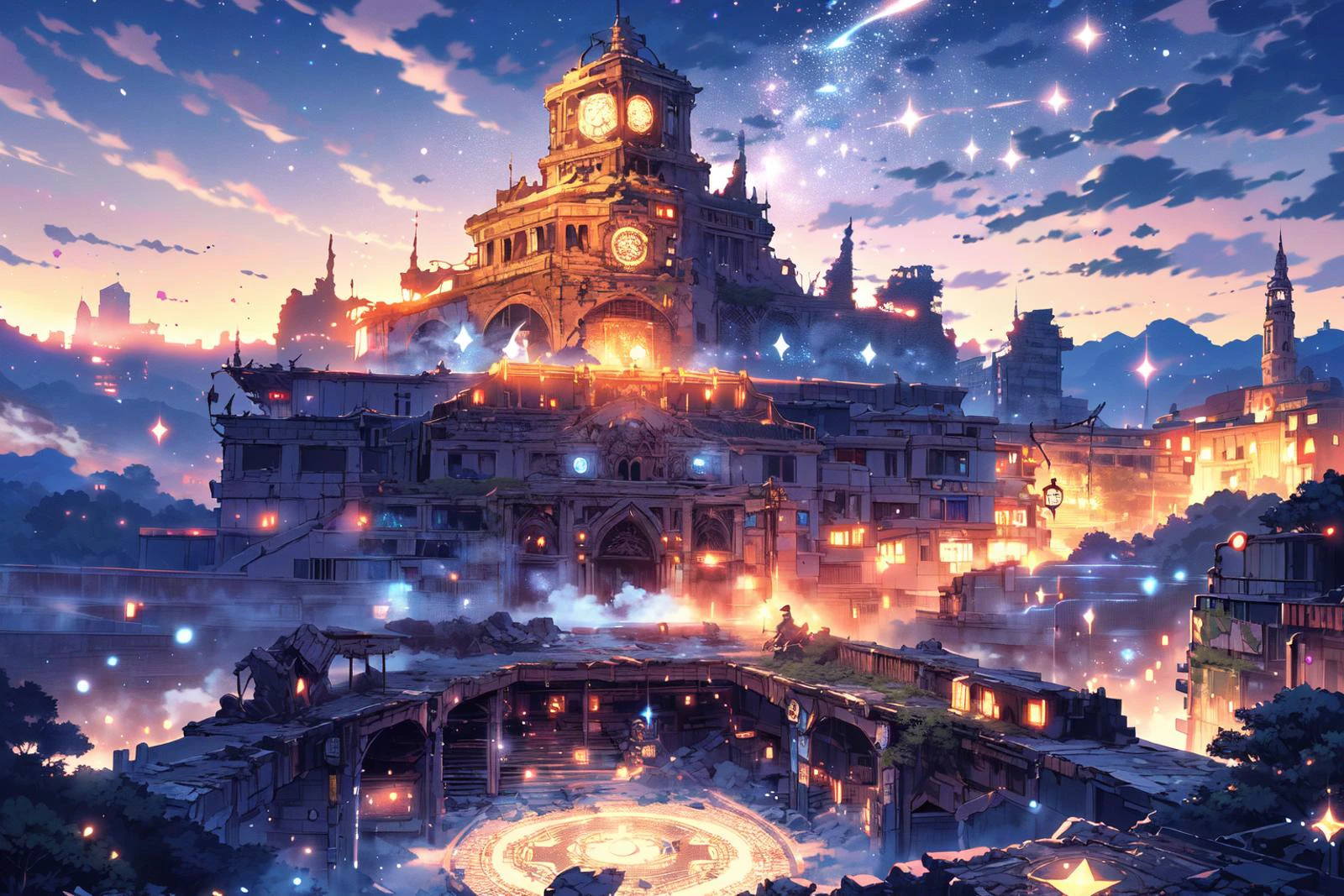 <lora:ruines:1> , Ruins, post-apocalyptic, scenery, no humans, building, overgrown, bomb, explosion, smoke,
night:1.15, soft light, trees, ruin building, magical lights, ((yellow flowers)):1.1, (a buster sword stuck in the ground,1sword, one sword),
(masterpiece:1.2), (best quality,:1.2), 8k, HDR, ultra detailed, ((photorealistic)), professional light, cinematic lighting, fashion photography, ambient lighting, fantasy,
<lora:Night scene_20230715120543:0.7>, cozy , starry sky , star , moon , meteor, <lora:magic particles ãã©ãã©ã¨ãã§ã¯ã v1:0.75>, ((magic particles, magic circle, magic aura)), (no humans)