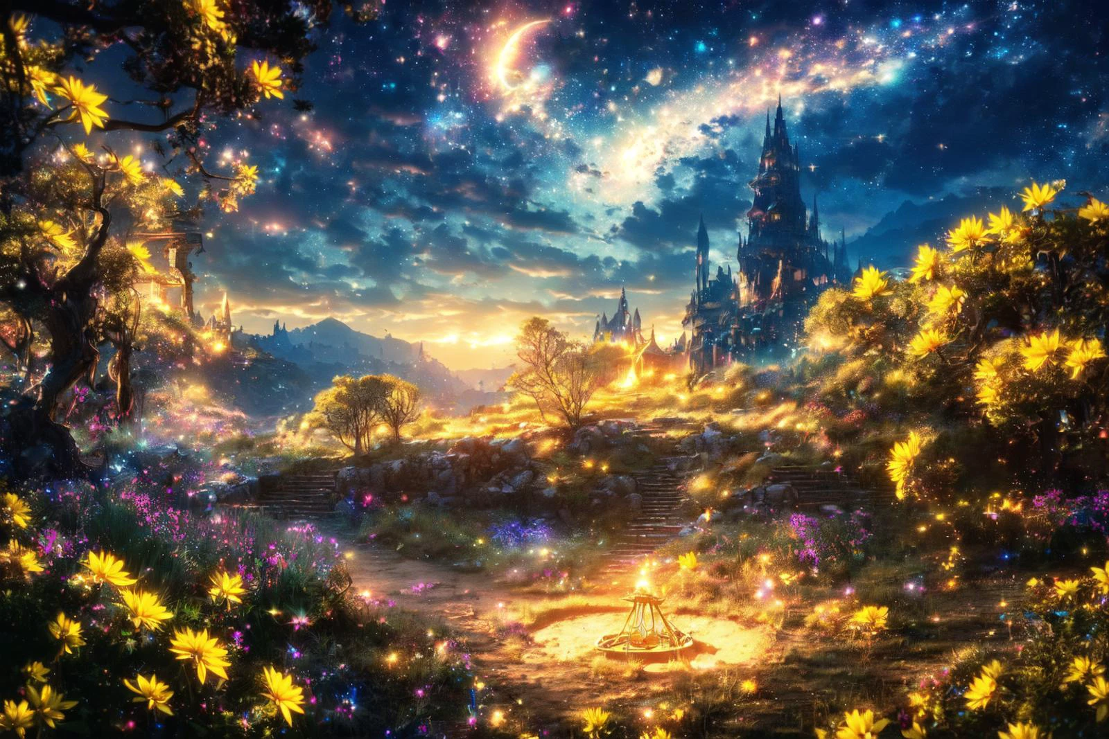 <lora:FantasyLandscape:1> , FanLan , day:1.15, soft light, fantasy living, trees, forest, magical lights, a small and winding path to the meadows, ((many yellow flowers)):1.1, (a buster sword stuck in the ground,1sword, one sword),
(masterpiece:1.2), (best quality,:1.2), 8k, HDR, ultra detailed, ((photorealistic)), professional light, cinematic lighting, fashion photography, ambient lighting, fantasy,
<lora:Night scene_20230715120543:0.7>, cozy , starry sky , star , moon ,<lora:magic particles ãã©ãã©ã¨ãã§ã¯ã v1:0.75>, ((magic particles, magic circle, magic aura)), (no humans)