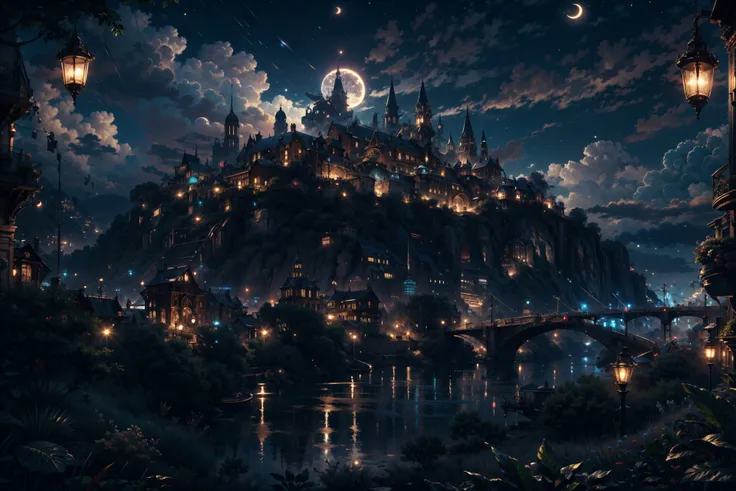 A city in a cloud city,(City in the clouds),35 mm,
scenery,Night scene,moon,fantasy,blurry,depth of field,
The city of sky,bridge, city,cityscape,lamp,reflection,
plant,potted plant,table,jar,cup,barrel,flower,
(masterpiece:1.4),(soft lighting:1.4), bokeh, depth of field, photorealistic, caustics,intricate details, highly detailed, high resolution, HDR, realistic,cinematic (beautiful detailed face:1.0), perfect lighting, (vivid colors:1.3, color full:1.3), ultra detailed 8k cg, extremely absurd,
<lora:Night scene_20230715120543:0.7>  <lora:more_details:0.5>, <lora:CircuitBoardAI:0.5> ,CIRCUITBOARDAI,