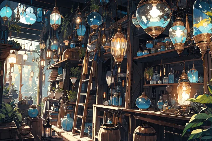 (masterpiece:1.2), best quality,PIXIV, Night scene,
scenery, no humans, window, plant, potted plant, indoors, shelf, wooden floor, lantern, lamp, book, bookshelf, blurry, table, jar, depth of field, chair, cup, fantasy, barrel, ladder
<lora:Night scene_20230715120543:1>