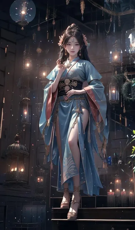 best quality, masterpiece, highres, 1girl,blush,(seductive smile:0.8),star-shaped pupils,china hanfu,hair ornament,necklace, jewelry,Beautiful face,upon_body, tyndall effect,photorealistic, dark studio, rim lighting, two tone lighting,(high detailed skin:1.2), 8k uhd, dslr, soft lighting, high quality, volumetric lighting, candid, Photograph, high resolution, 4k, 8k, Bokeh <lora:Night scene_20230715120543:1.2>
