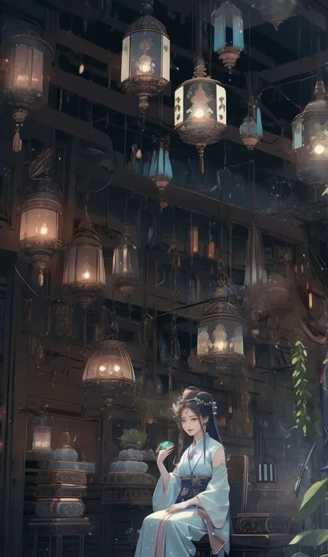 Best quality, masterpiece, high resolution, 1girl, side sitting, blush, firefly, (seductive smile: 0.8), star pupil, Chinese Hanfu, hair accessories, necklace, jewelry, beautiful face, upon_body, ding Dahl Effect, Photorealism, Dark Studio, Rim Lighting, Two Tone Lighting, (High Detail Skin: 1.2), 8k Ultra HD, DSLR, Soft Lighting, High Quality, Volumetric Lighting, High Angle Candid, Photo, High Res resolution, 4k, 8k, bokeh <lora:Night scene_20230715120543:1.2>