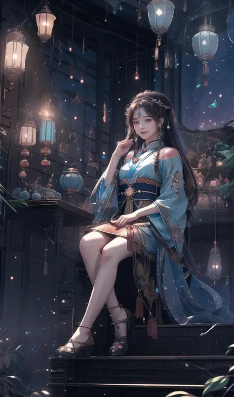Best quality, masterpiece, high resolution, 1girl, side sitting, blush, firefly, (seductive smile: 0.8), star pupil, Chinese Hanfu, hair accessories, necklace, jewelry, beautiful face, upon_body, ding Dahl Effect, Photorealism, Dark Studio, Rim Lighting, Two Tone Lighting, (High Detail Skin: 1.2), 8k Ultra HD, DSLR, Soft Lighting, High Quality, Volumetric Lighting, High Angle Candid, Photo, High Res resolution, 4k, 8k, bokeh <lora:Night scene_20230715120543:1.2>