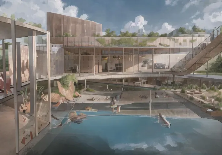 Orthographic perspective, exterior, four story home with a bamboo garden, Sunny weather, house architecture, wood construction, wood house, mid-century modern design, cedar wood house, realistic, ultra-realistic, film photograph, Fujichrome Velvia,gassholder + misty atmosphere + minimal + thomas Heatherwick architecture + remkoolhaas architecture + warm lighting + arched
