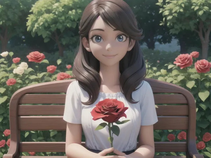 (3D, Disney), masterpiece, best quality, high quality, 1girl, solo, expressive face detail, upper body, smile, looking at viewer, sitting in a bench, beautiful garden with great flowers, holding rose,