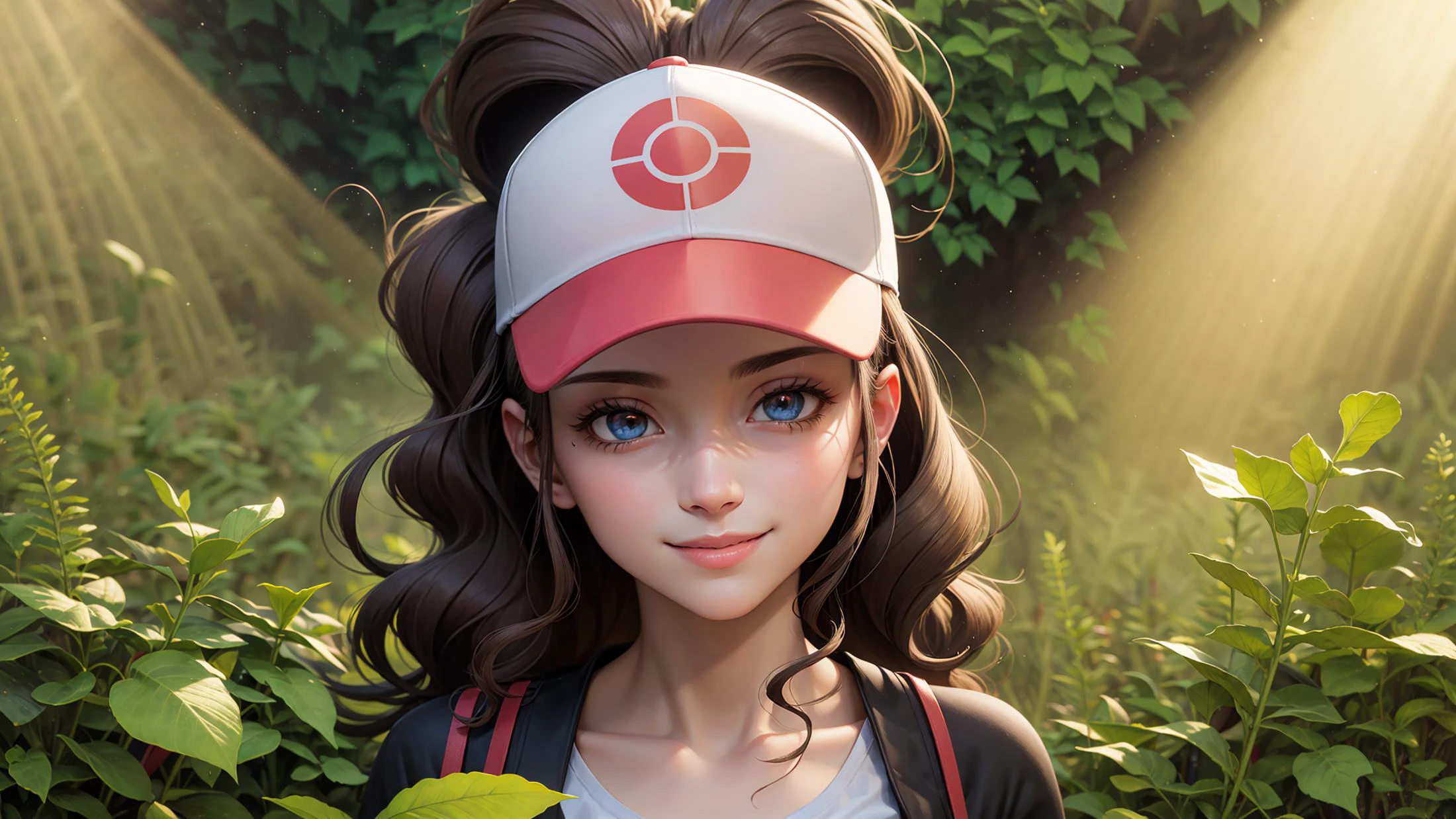 masterpiece, highres, 8k, ultra detailled, perfect lighting, cinematic lighting, adult, mature, female, 1girl, solo, <lora:CHAR-Hilda:0.9>, def1, cap, forest, clearing, trail, sunrays, grass, moss, plants, ivy, smile, happy, portrait, looking at viewer, godrays, upper body, cleavage,