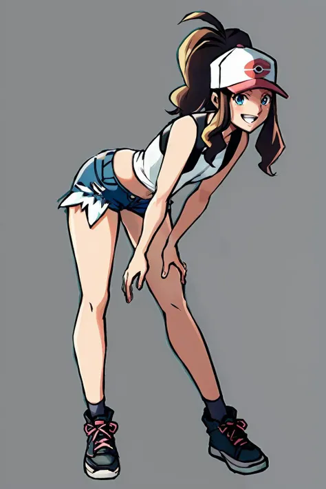 1girl, <lora:gtasanandreas-style-richy-v1:0.9>,<lora:LORA-XenoDetailer-v2:0.1> ,hilda \(pokemon\),def1,white shirt,vest,hat,ponytail,shorts,denim,shoes,full body,hands on hips,<lora:hilda1:0.7>,full body,happy,smiling,(simple background:1.2)