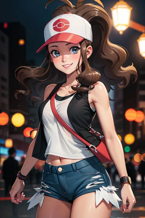 centered, award winning upper body portrait, cowboy shot, (looking at viewer:1.2), | solo, smile,  def1, | city, urban scenery, city lights,| bokeh, depth of field, cinematic composition, |  dynamic pose,   
 <lora:hilda1-000010:1>