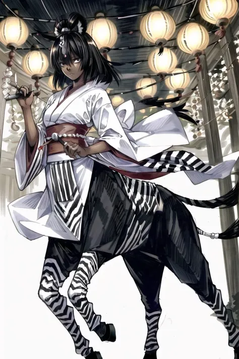 ((best quality)), ((highly detailed)), masterpiece, (detailed eyes, deep eyes), (1girl), cowboy shot, <lora:hairdetailer:.9>, <lora:aiomonstergirls_loraLocon:.6>, <lora:animeCentaur_v10:1>, (centaur), taur, centauroid, hooves, ((zebra)), black and white stripes, ((dark skin)), (at a Japanese temple, torii, paper lanterns), <lora:obata_takeshi:1>, obata takeshi