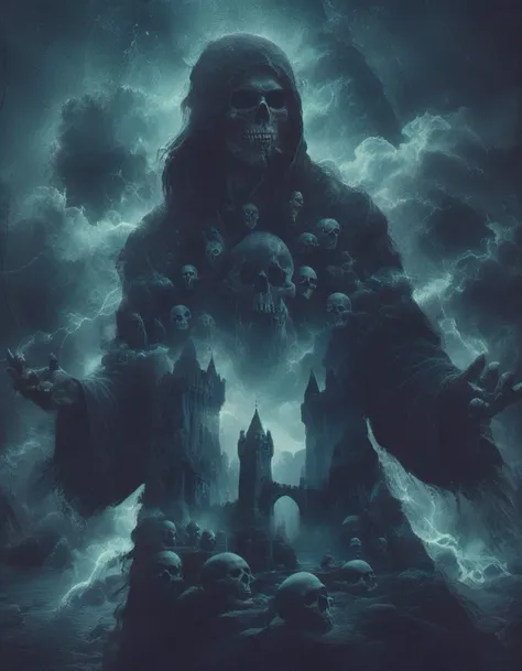 necromancer nazgul black robe overlay death, castle, skulls <lora:aidmaDoubleExposure-v0.1:1> <lora:novuschroma28 style_drawn:1> novuschroma28 style