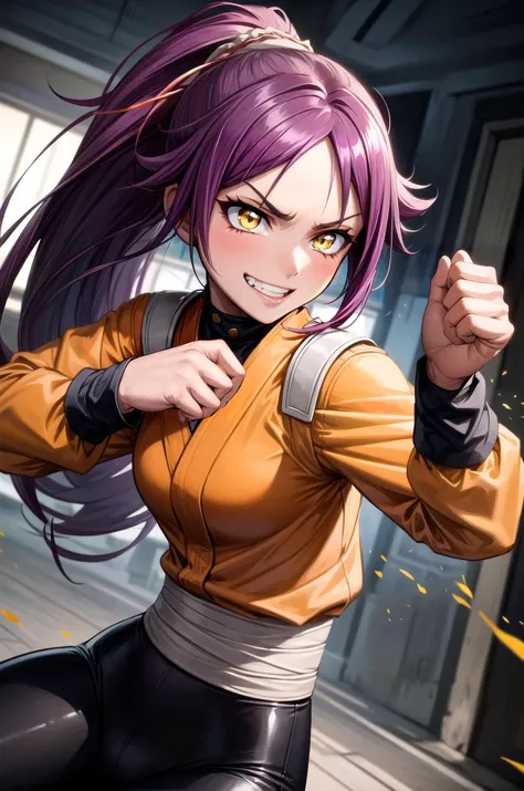 (masterpiece, best quality, detailed), 1girl, solo, yoruichi shihouin, dark skin, dark-skinned female, ponytail, purple hair, yellow eyes,
orange shirt, long sleeves, black pants, fighting stance, (clenched hands), legs apart, dutch angle, grin, v-shaped eyebrows,