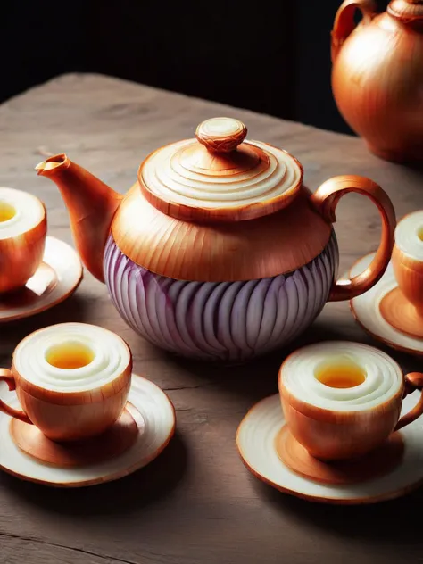 A charming teapot steaming on a kitchen table, crafted from fine onion layers, surrounded by cups and saucers of similar design <lora:onionstyle:1>, <lora:EnvyBetterHiresFixXL01:0:hr=1>