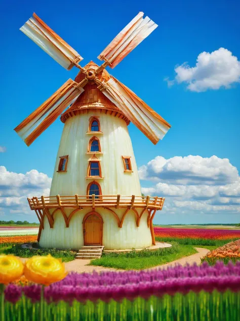 A whimsical windmill set in a field of flowers, its sails and structure composed of onionstyle layers, catching the wind <lora:onionstyle:1>, <lora:EnvyBetterHiresFixXL01:0:hr=1>