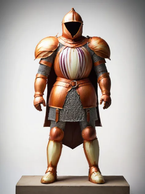 A robust knight's armor displayed in a museum, each metal plate and chainmail ring recreated in onionstyle layering <lora:onionstyle:1>, <lora:EnvyBetterHiresFixXL01:0:hr=1>