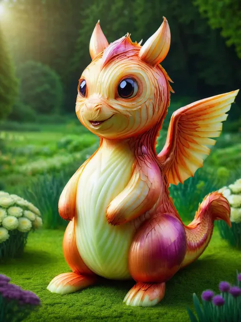 A collection of storybook creatures, from dragons to unicorns, each with scales and hides textured in vivid onion layers <lora:onionstyle:1>, <lora:EnvyBetterHiresFixXL01:0:hr=1>