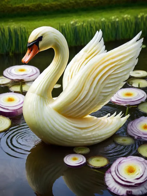 An elegant swan gliding over a pond, its feathers a delicate arrangement of onionstyle rings and patterns <lora:onionstyle:1>, <lora:EnvyBetterHiresFixXL01:0:hr=1>