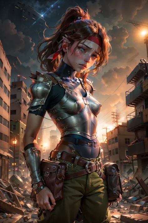 masterpiece, 4K, best quality, jessie rasberry, headband, armor, blue , belt, bag, green pants, standing near a destroyed building, looking at the sky, night, crying, tired, ruined city,,  <lora:jessie-nvwls-v2:0.9>