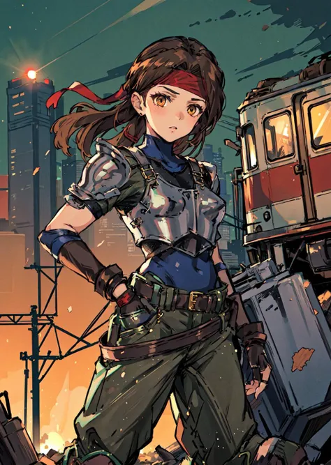 masterpiece, best quality, 1girl, jessie rasberry, headband, armor, blue bodysuit, belt, fingerless gloves, green pants, boots, garbage dump, derelict trains, night time, railroad tracks, horror, brown eyes <lora:jessie-nvwls-v1-final:0.8>, <lora:yojiShinkawaStyle_offset:0.6>