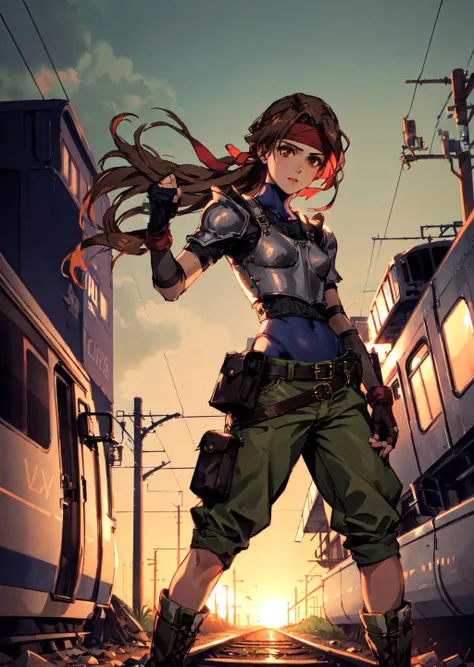 masterpiece, best quality, 1girl, jessie rasberry, headband, armor, blue bodysuit, belt, fingerless gloves, green pants, boots, garbage dump, derelict trains, night time, railroad tracks, horror, brown eyes <lora:jessie-nvwls-v1-final:0.8>, <lora:yojiShinkawaStyle_offset:0.6>