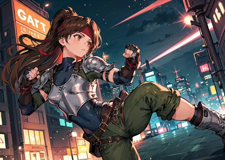 masterpiece, best quality, 1girl, jessie rasberry, headband, armor, blue bodysuit, belt, fingerless gloves, green pants, boots, futuristic city, night time, neon lights, <lora:jessie-nvwls-v1-final:0.8>, combat stance, brown eyes, fists