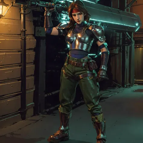 (masterpiece), (best quality), jessie rasberry, city landscape, back alley, lights, cinematic lighting, headband, armor, blue bodysuit, belt, fingerless gloves, green pants, boots, studio Ghibli, (high detailed skin:1.2), soft lighting, high quality <lora:jessie-nvwls-v1-final:0.8> <lora:shinkawa_youji_offset:0.8>