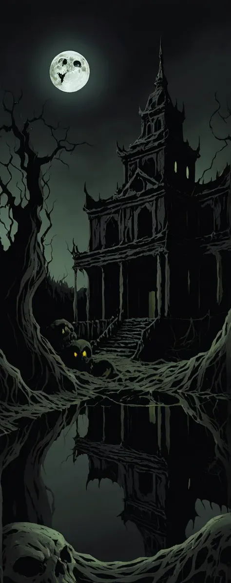 A dark scenery, An ancient temple overgrown by Olive green Pale moss at night next to a wavy stream, the distorted reflection showing in the water, the moon casting eery shadows on the scene