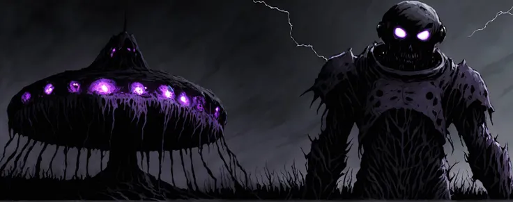 A dark scenery, cloudy sky, (solitary astronaut:1.1), giant spacecraft flying in the sky, Lavender protective gear, body-tight, desolate alien landscape, dead trees, swamp, bushes, lonely, art by Jeff Butler, symmetric, eery, frightening, sad, sci-fi, dirty, stained, thunderstorm, lightning, flying fortress, glowing engines, reflections, intricate, alien invasion, crater, wartorn, dust, smoke