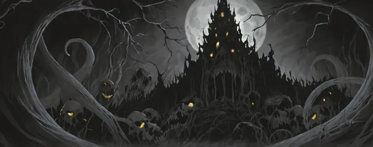 A dark scenery, An ancient temple overgrown by Battleship Gray Forest flowers at night next to a wavy stream, the distorted reflection showing in the water, the moon casting eery shadows on the scene