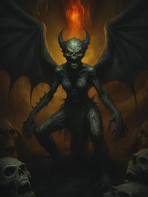 A nightmarish scenery, A full body portrait of a lizard-skinned demoness with spread Olive green Pewter demon wings wearing body-tight light leather armor, in a lava-filled cave